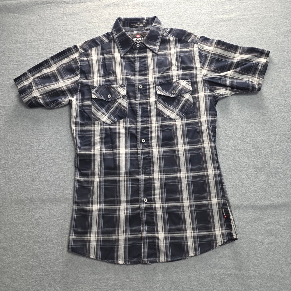 Airwalk Mens Plaid Short Sleeve Button Up Shirt‎ Navy Blue White Small